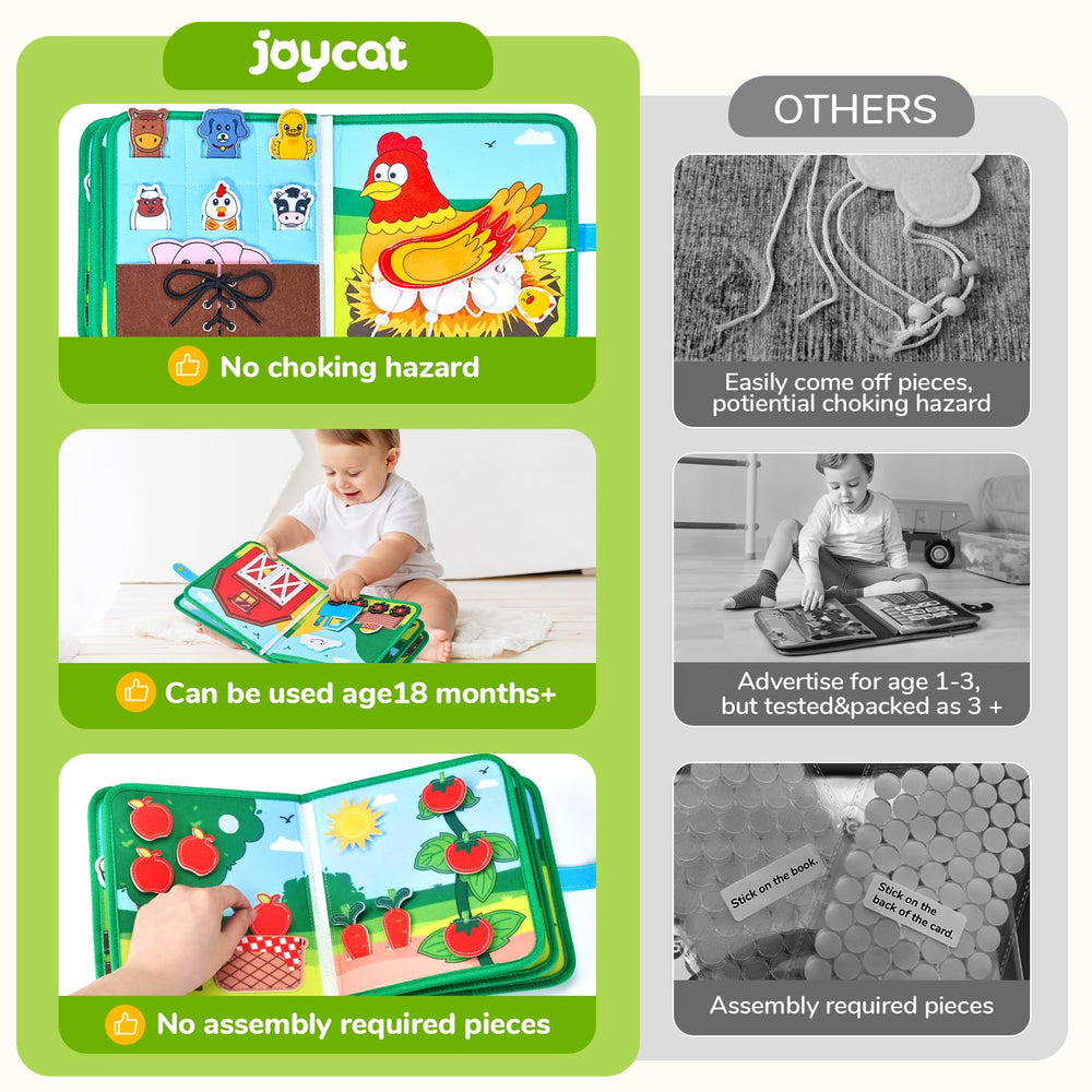 JoyCat Farm Busy Book open page with interactive activities for curious toddlers