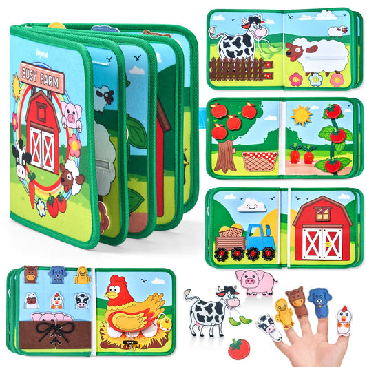 JoyCat Farm Busy Book cover shows 15 farm activities for toddler learning