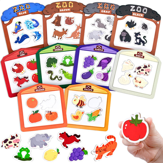 JoyCat farm magnets on the fridge boost color sorting and animal recognition.