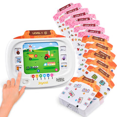 JoyCat Kids Learning Tablet with 160-page flash cards for screen-free logic practice at home.