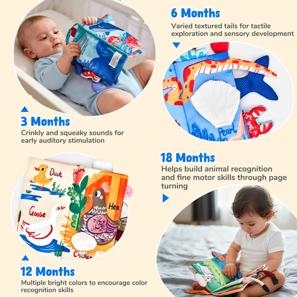 JoyCat ocean book baby-safe mirror under shell promotes head lifting during tummy time.