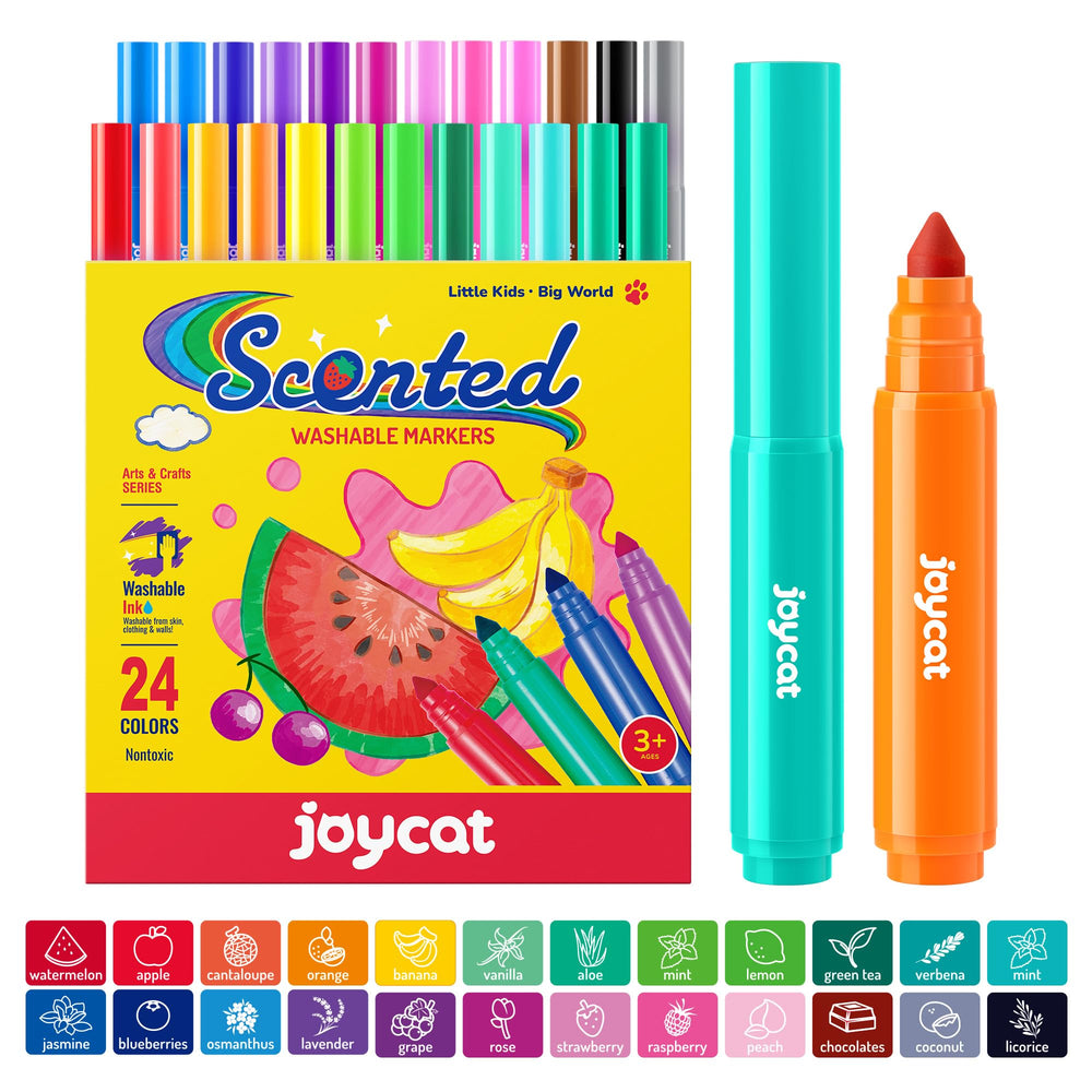 JoyCat scented markers 24-color pack for kids with vibrant hues and kid-friendly scents.