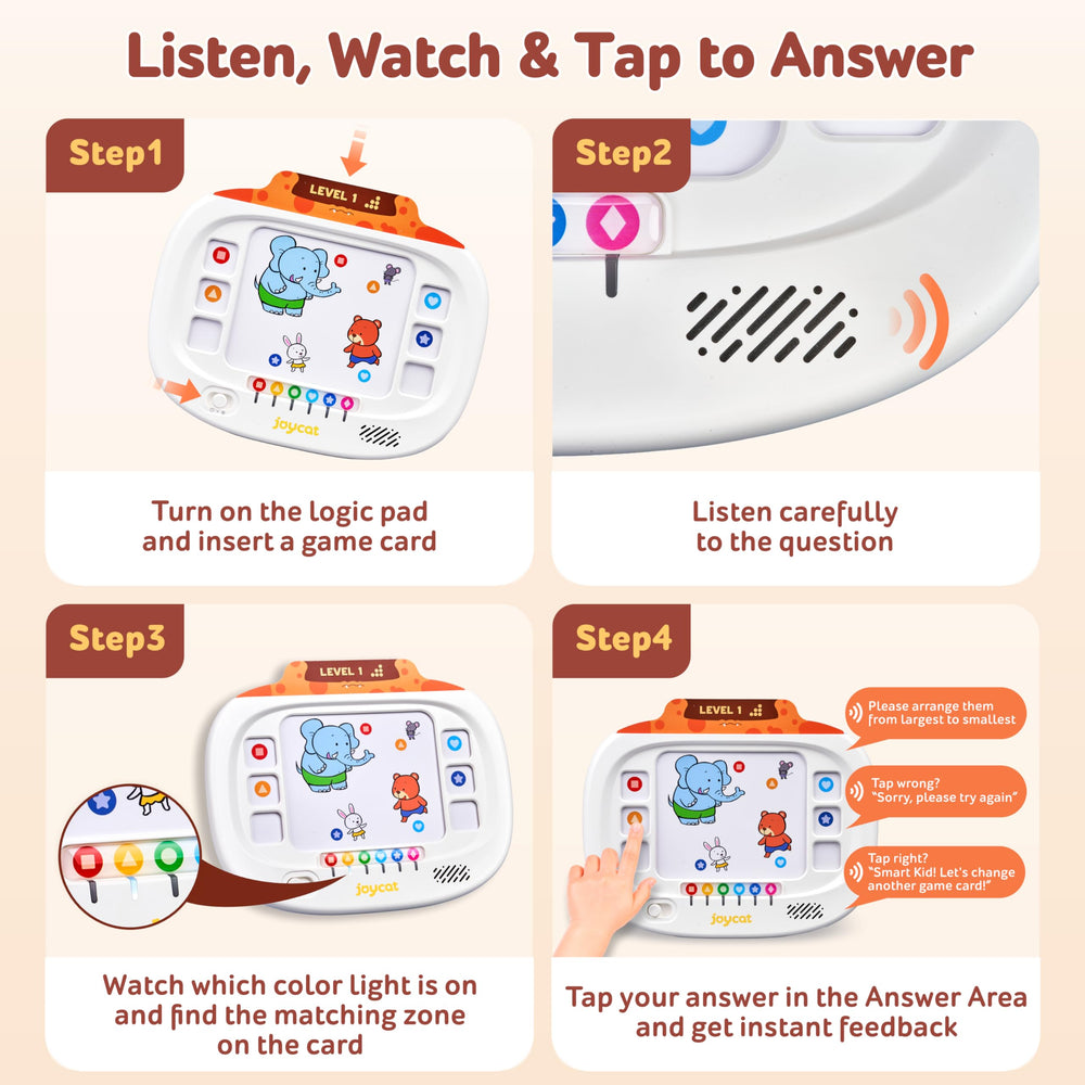 JoyCat tablet color lights guide kids toward correct matching zones during play.