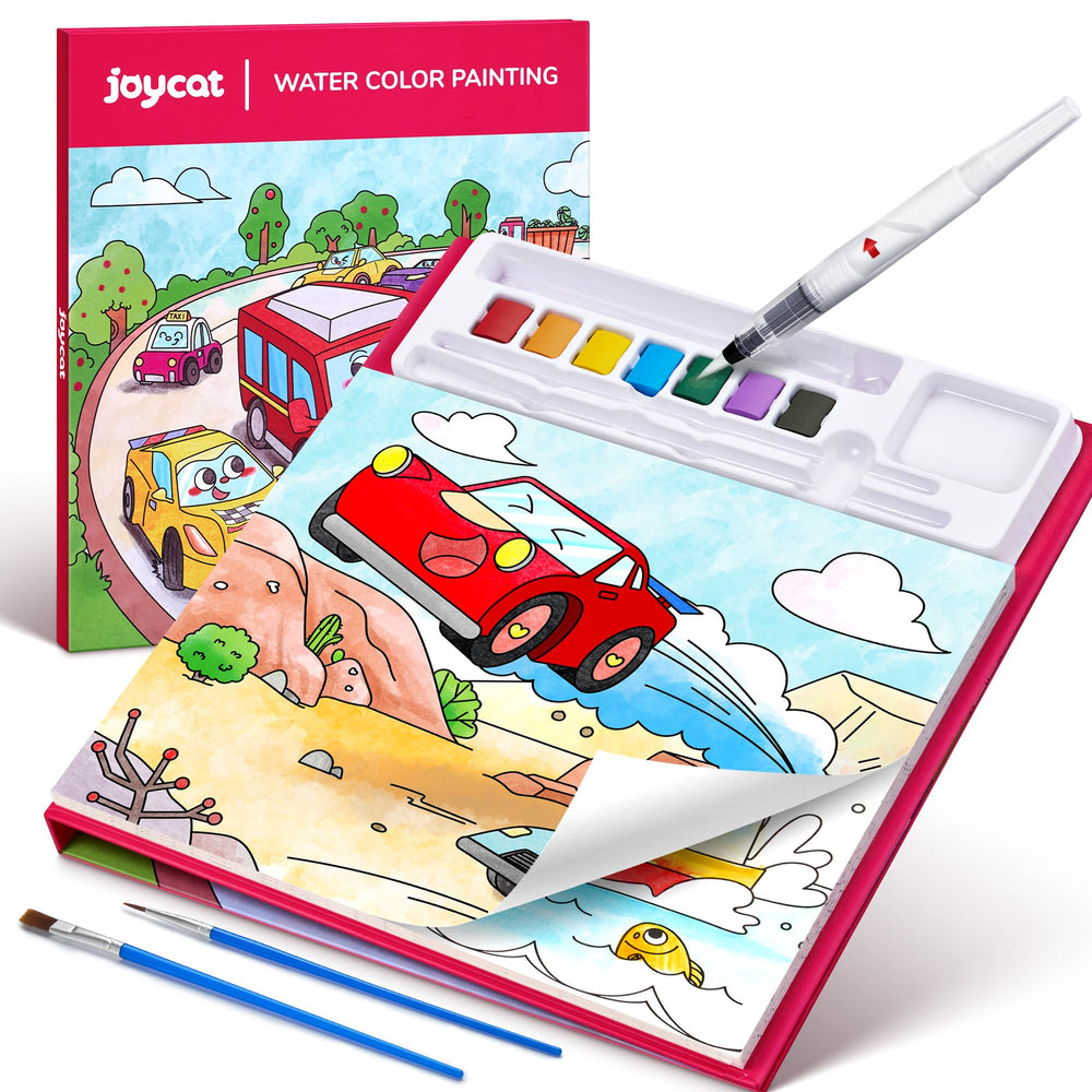 JoyCat Transportation coloring book cover featuring bright illustrations to spark imaginative travel play.
