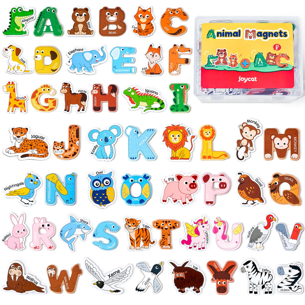 JoyCat wooden fridge magnets show 26 animals and letters for early language play on the fridge.