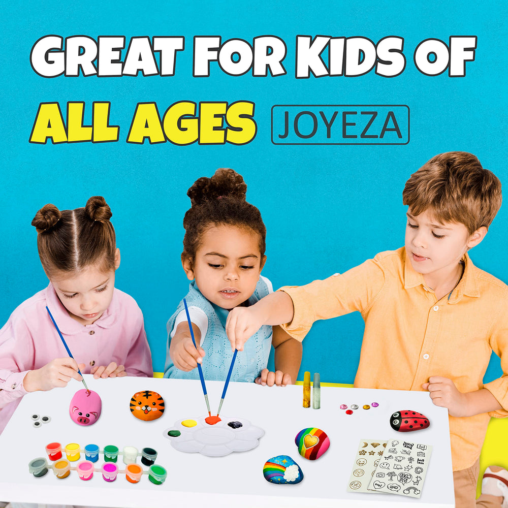 Glitter glue and transfer sheets brighten JOYEZA rock art.