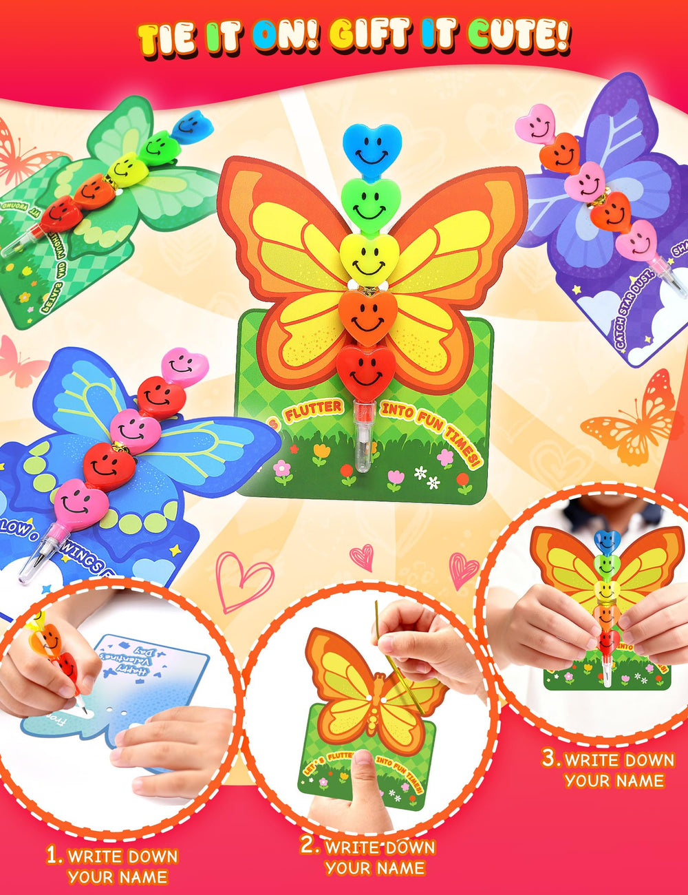 JoyFiesta twist ties attach pencils quickly to butterfly cards.