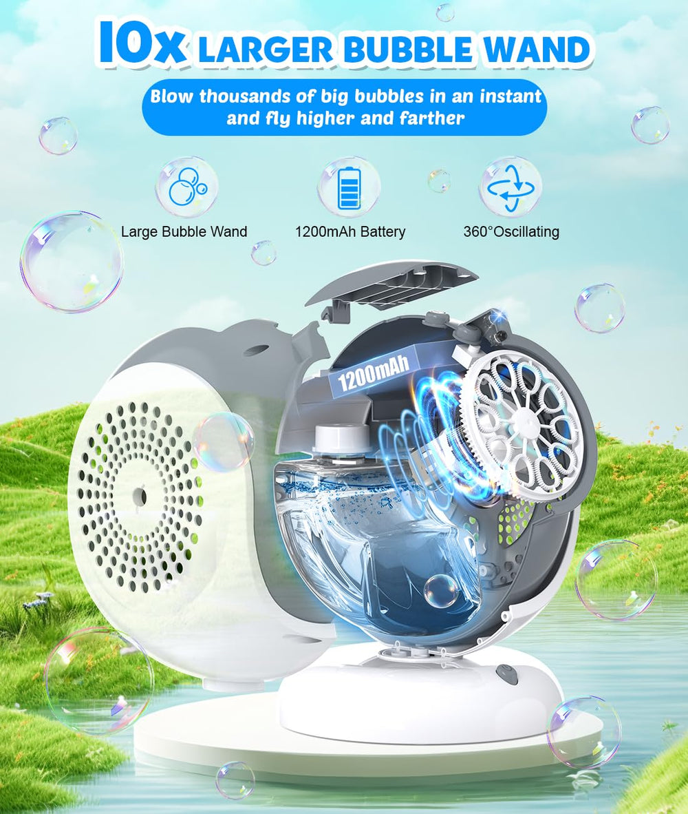 Joyfuture bubble machine 360-degree rotation demonstrates immersive bubble clouds for parties