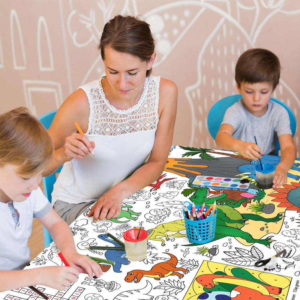JOYGATHER waterproof bleed-resistant tablecloth supports crayons and markers during crafts.