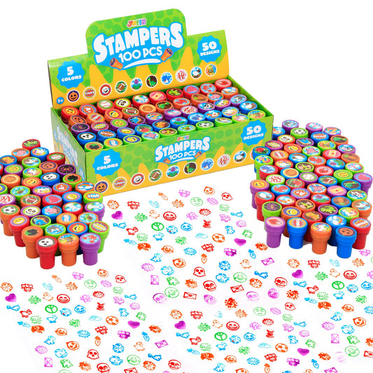 JOYIN 100-pcs stamps with dinosaur designs for creative play and classroom prizes.