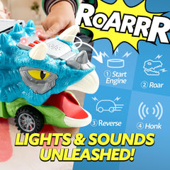 Joyin dinosaur truck with flip-open head showcases easy vehicle storage for kids.