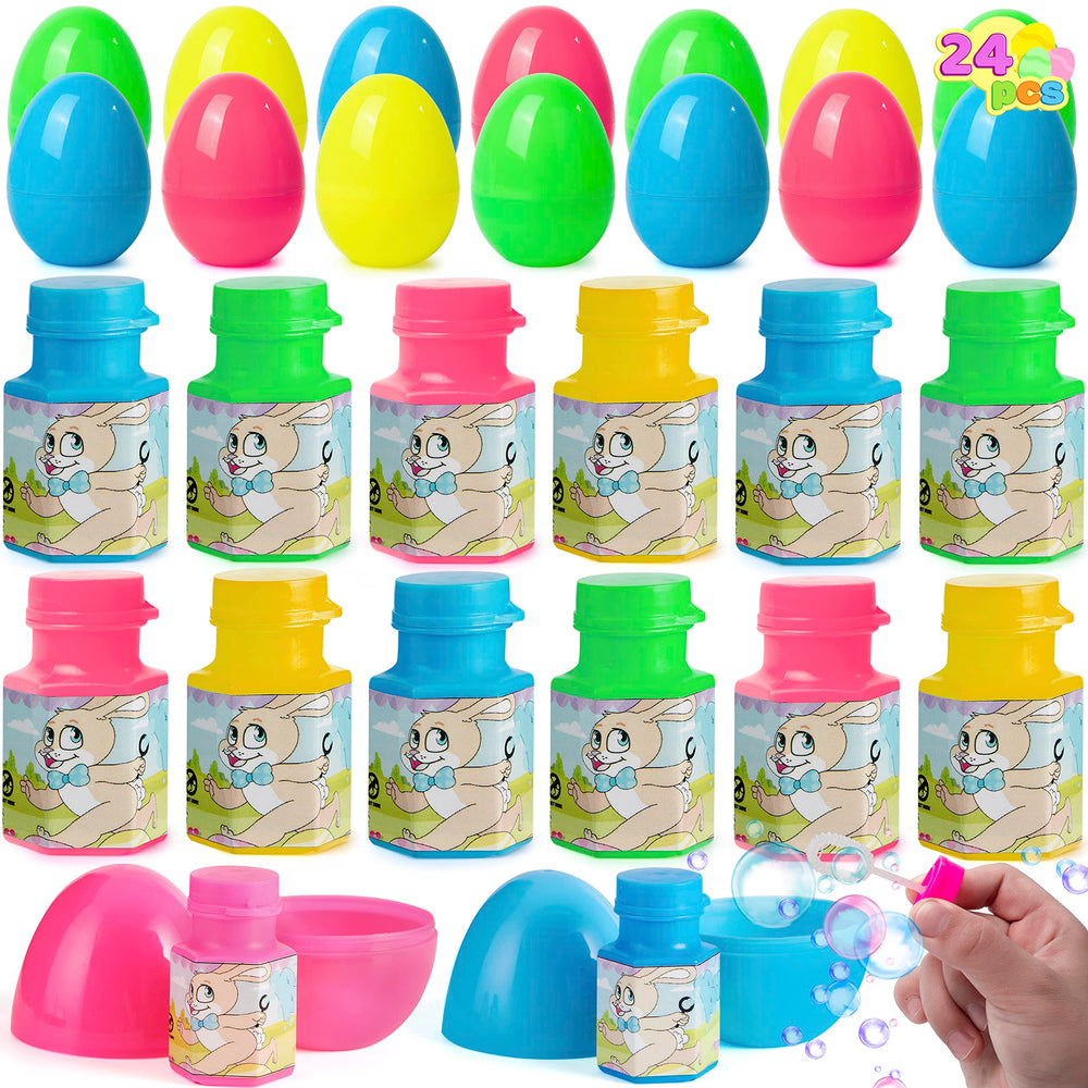 JOYIN 24-piece prefilled Easter eggs bubble wands inside, ideal for lively egg hunts.