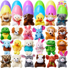 JOYIN 24-pack Easter eggs with mini plush inside for kid-friendly egg hunts.