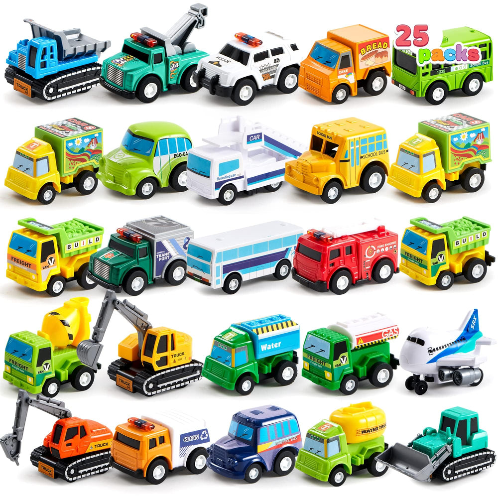 JOYIN 25-piece pull-back cars and trucks set for toddlers, durable safe play.