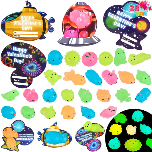 JOYIN 28-pack Valentines cards with glow mochi squishies for classroom exchanges