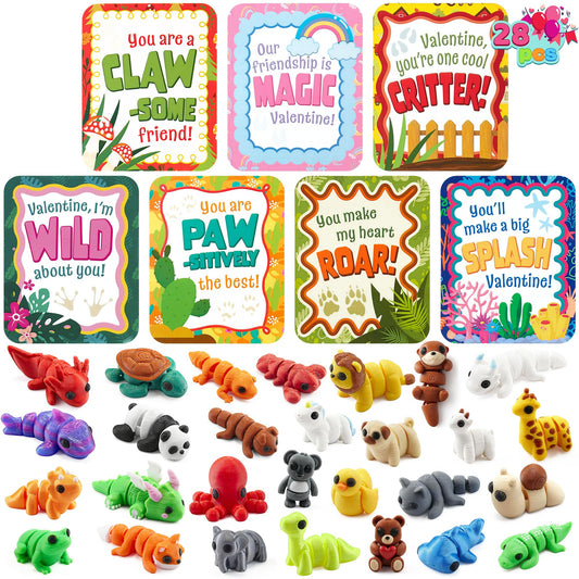 JOYIN 28-pcs mini animals with Valentine cards set for classroom gifting and inclusive sharing.
