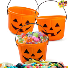 JOYIN pumpkin buckets with jack-o'-lantern faces for easy candy collection.