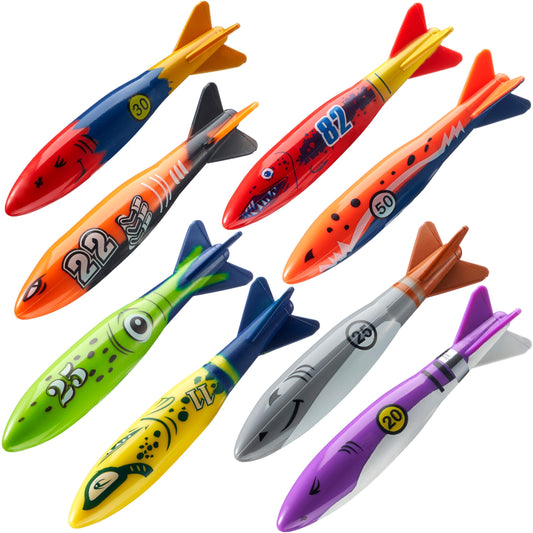 JOYIN 8-pack shark diving toys in bright colors for underwater exploration and easy visibility.