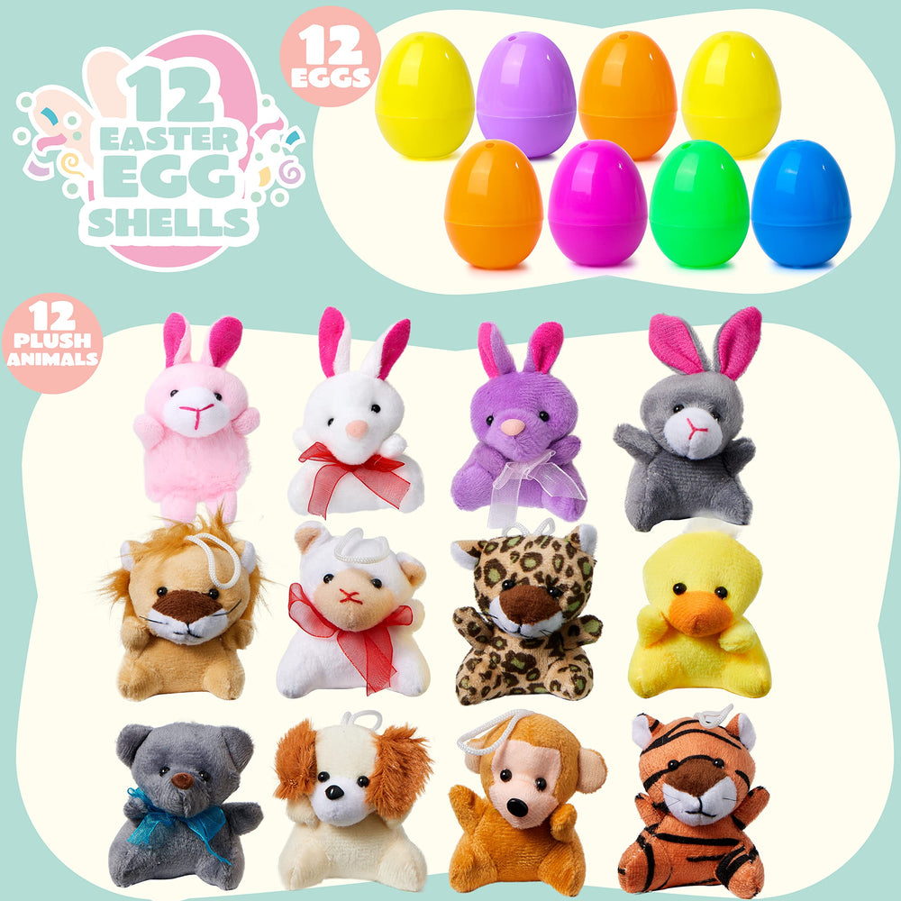JOYIN Easter eggs filled with soft plush animals in bright colors for party favors.