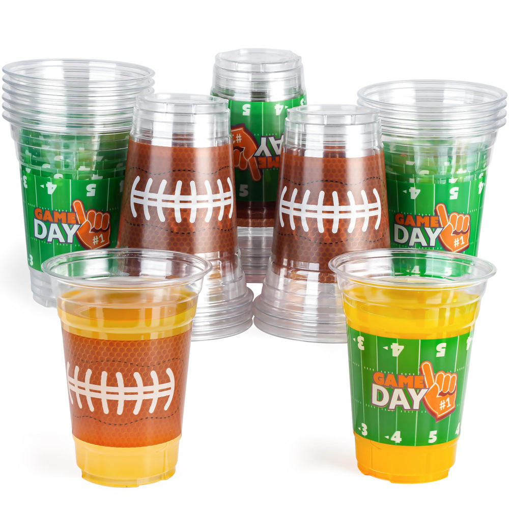JOYIN football cups in green and brown, 16oz, great for party table setup.