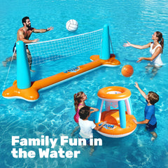 JOYIN inflatable basketball hoops set up near the pool for practice and fun