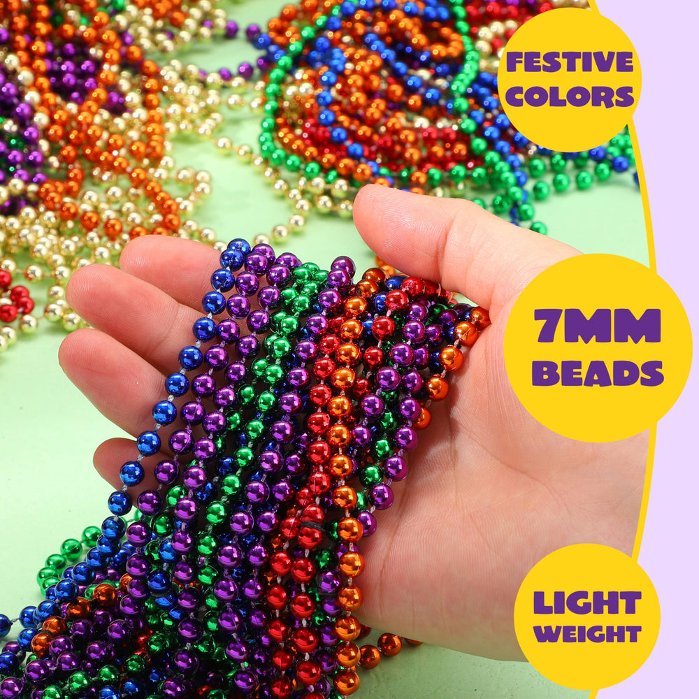 JOYIN Mardi Gras beads close-up shows shiny colorful plastic beads