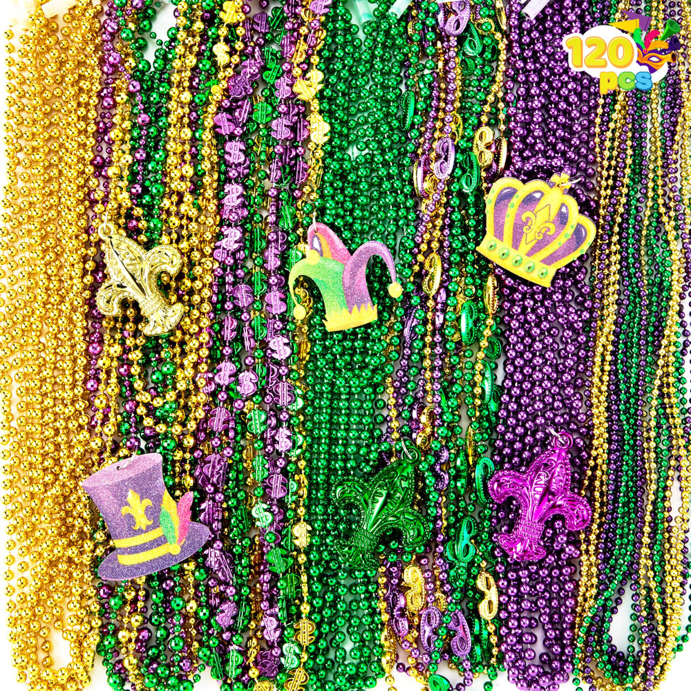 JOYIN Mardi Gras beads with pendants in gold green purple for festive outfits.