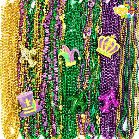 JOYIN Mardi Gras beads with pendants in gold green purple for festive outfits.