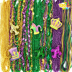 JOYIN Mardi Gras beads with pendants in gold green purple for festive outfits.