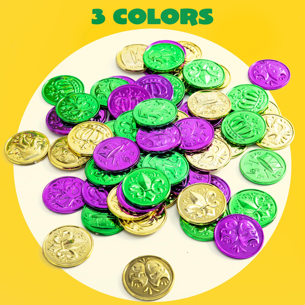 JOYIN Mardi Gras coins gold close-up shows durable plastic material.