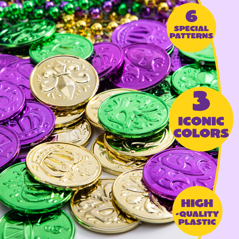 JOYIN Mardi Gras coins green close-up with vibrant color accents.