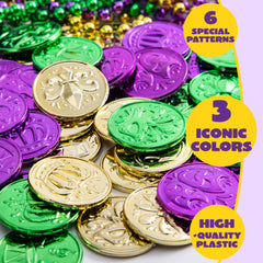 JOYIN Mardi Gras coins green close-up with vibrant color accents.