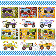 JOYIN Monster-truck faces stickers sheet for energetic party decorations and crafts.