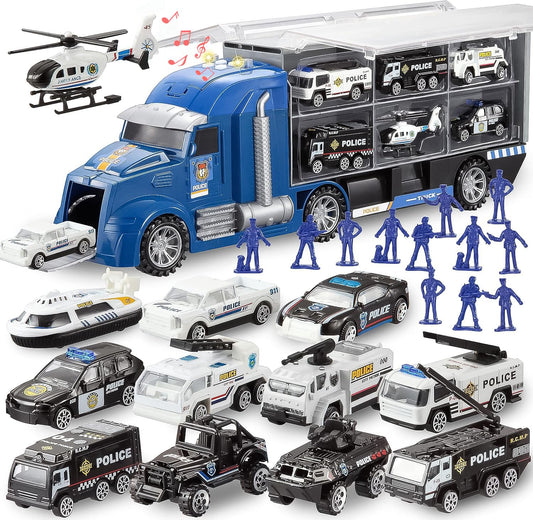 JOYIN police rescue truck set carrier with 12 vehicles for imaginative play