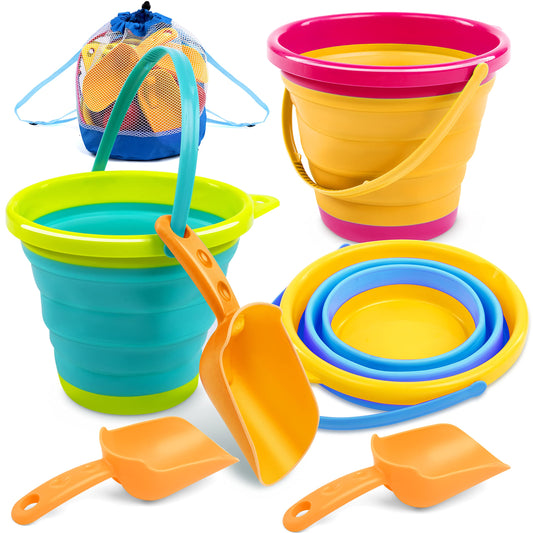 JOYIN three-pack foldable pails ready for beach fun and easy storage.