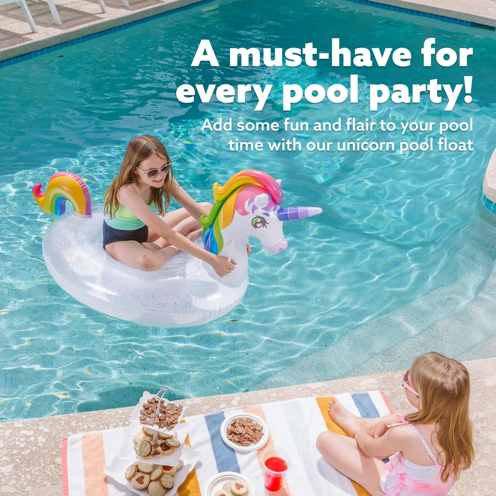 JOYIN Unicorn Float dimensions 69x29.5x33.5 inches for bold pool presence.