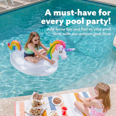 JOYIN Unicorn Float dimensions 69x29.5x33.5 inches for bold pool presence.