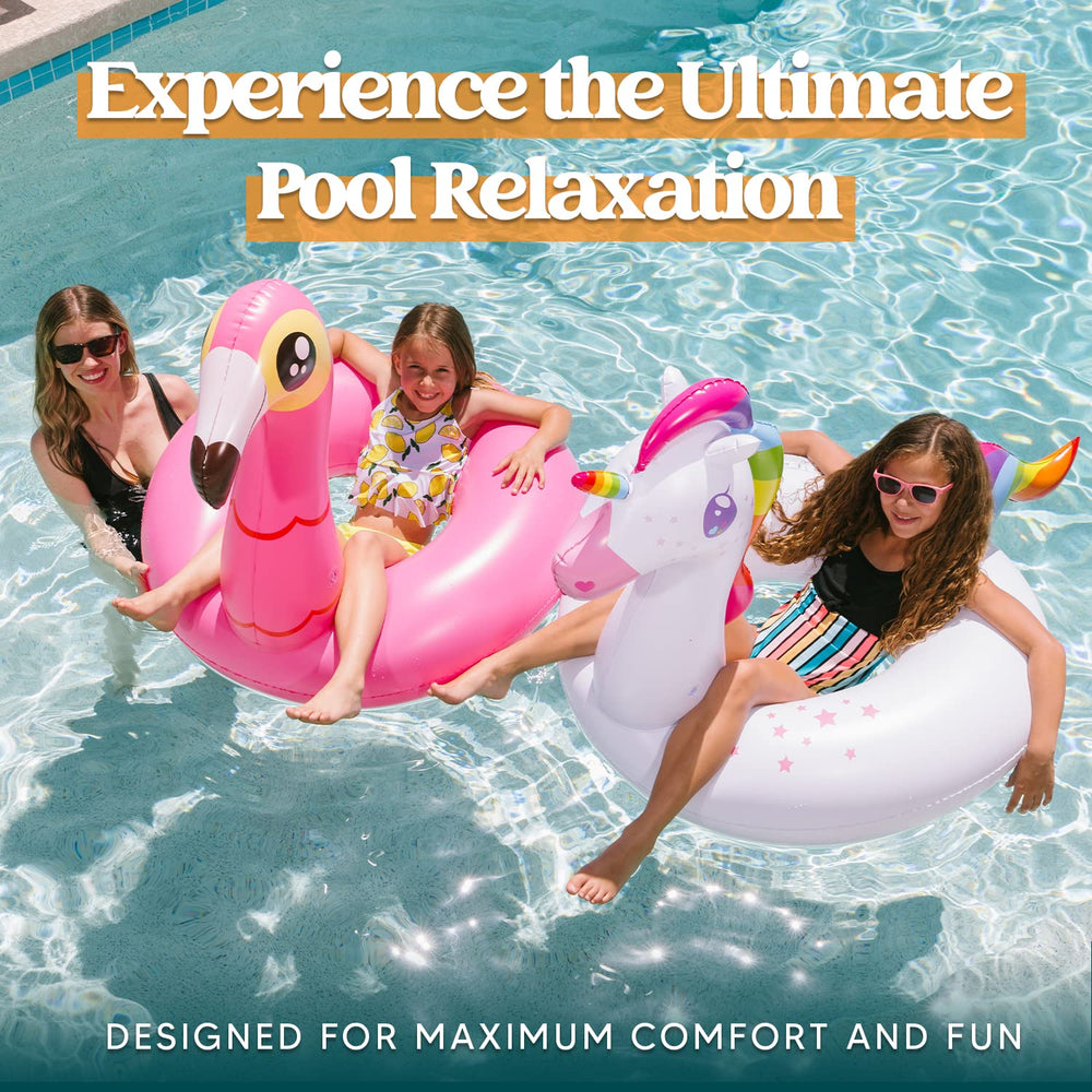 JOYIN unicorn pool float offering spacious seating for adults and kids.