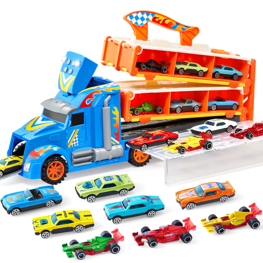 JOYIN toy truck carrier on foldable 5ft track for fast, interactive racing.