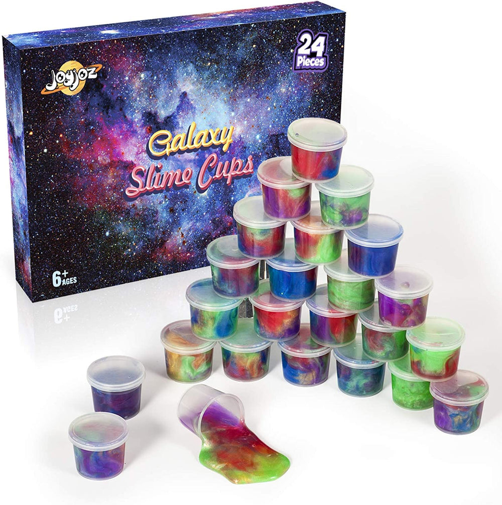 Joyjoz Galaxy Slime 24-pack in bright colors, ideal for party favors and creative play.