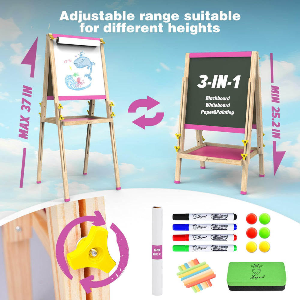JOYOOSS adjustable-height wooden easel grows with my child and adapts to different tasks.