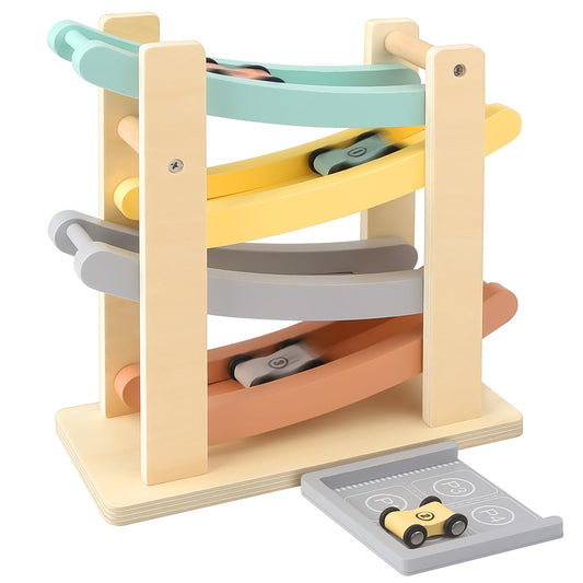 Joyreal Montessori wooden car ramp with four cars for toddler racing fun.