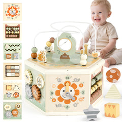 Joyreal wooden activity cube bead maze for fine motor skill development.