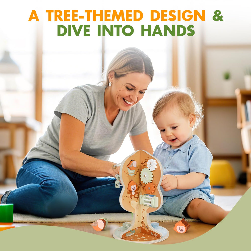 Joyreal wooden activity cube enables fine motor skills via sliding and rotating tasks.