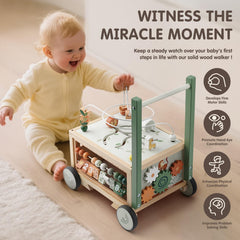 Joyreal wooden baby walker offers abacus and number board to support early color and counting awareness.