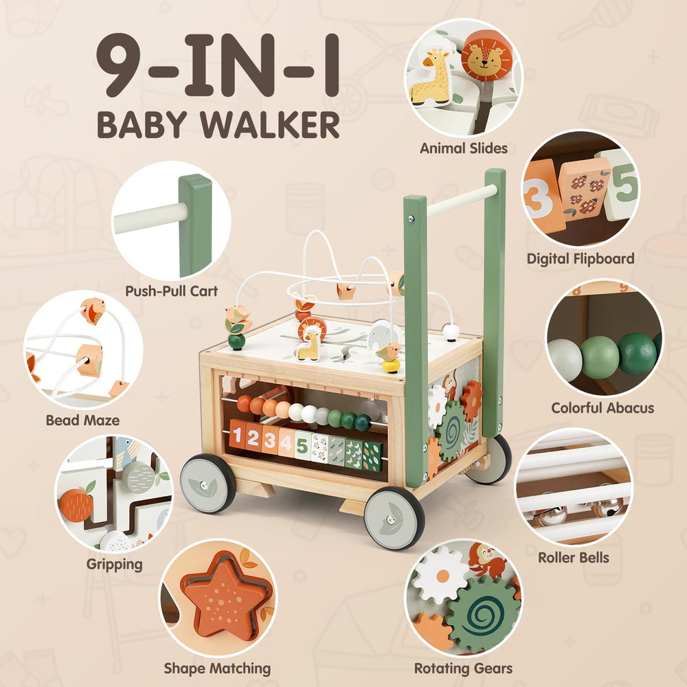 Joyreal wooden baby walker with rolling bell sparks auditory curiosity during playtime.