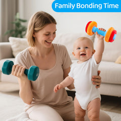 JoySpark Toys squeaky water bottle invites grasping and interactive play.