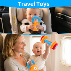 JoySpark Toys stretchy pull band teether for teething and reach.