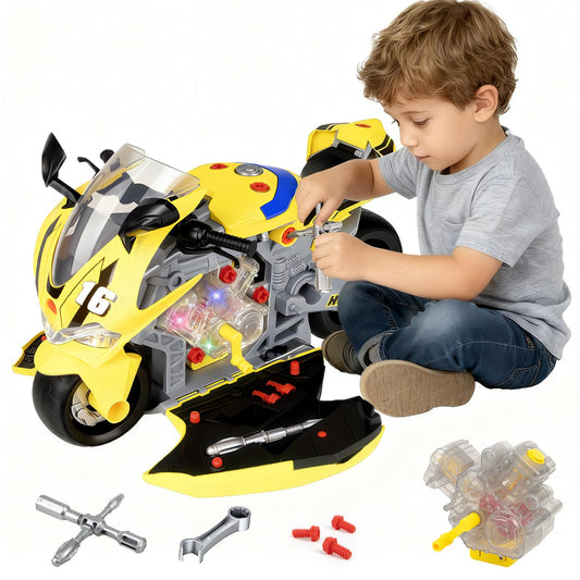 JoySpark Toys take apart motorcycle kit front view showing detachable parts for hands on learning.