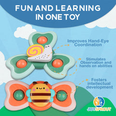JoySprout multicolor spinner supports toddlers during fridge or mealtime play.